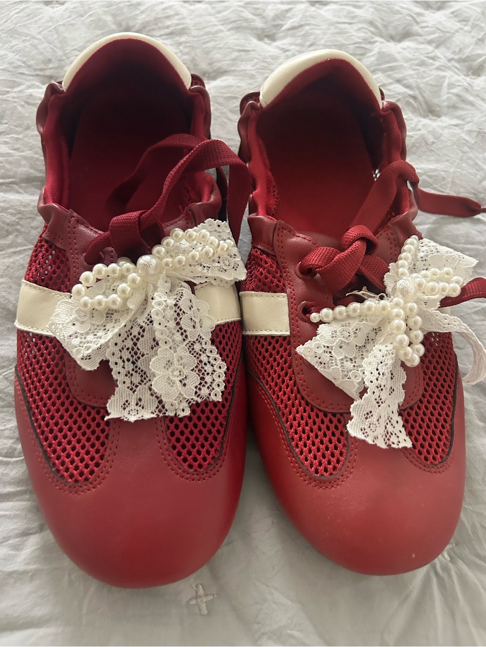Women Red Lace & Pearl Detail Sneakers